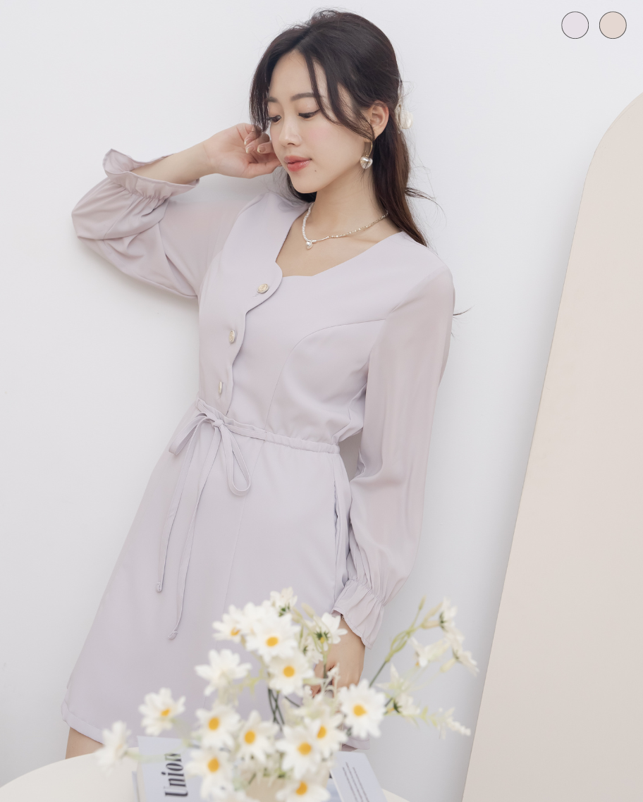 甜美花瓣門襟抽繩收腰短洋