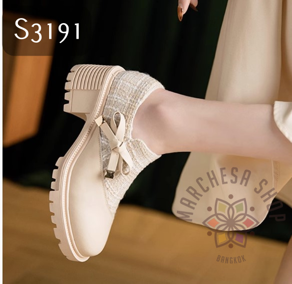S3191 - 羊皮布面格紋蝴蝶結高踭休閒鞋