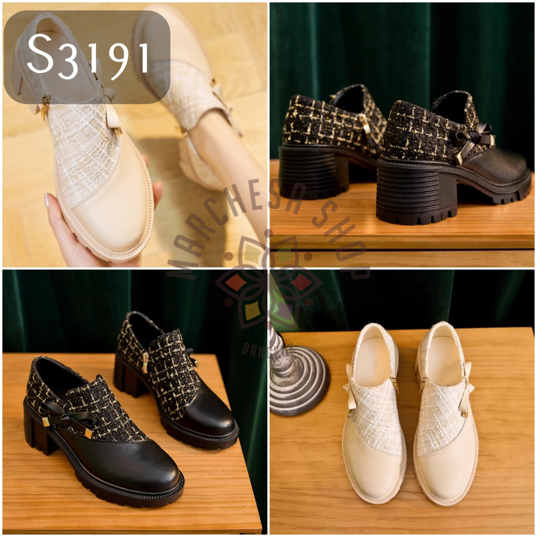 S3191 - 羊皮布面格紋蝴蝶結高踭休閒鞋