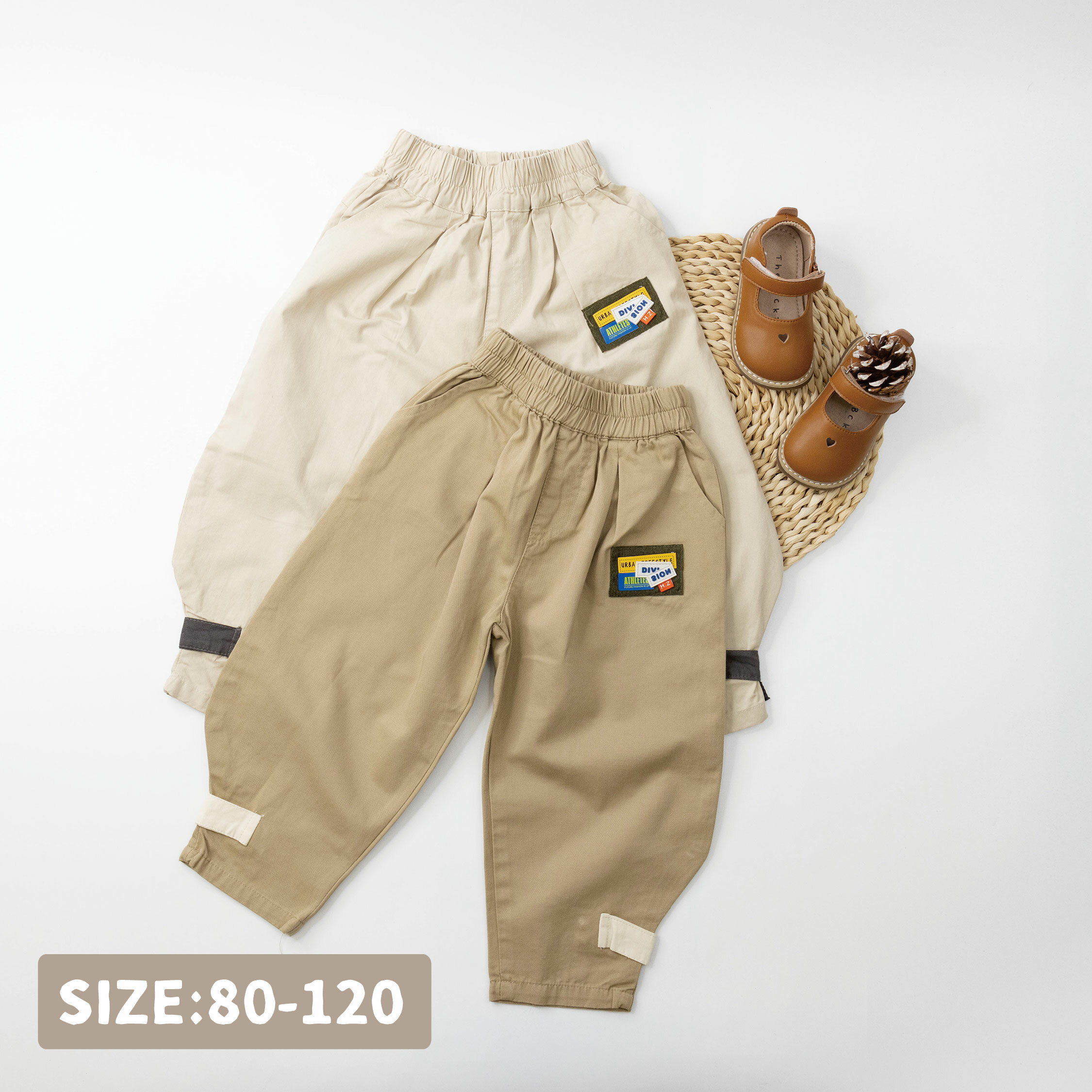 【H35809】創意標籤拼貼休閒長褲＊二色