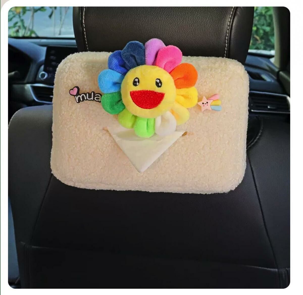 Hot trolley mounted seat back hanging tissue dispenser (Smiley Face Flower)
