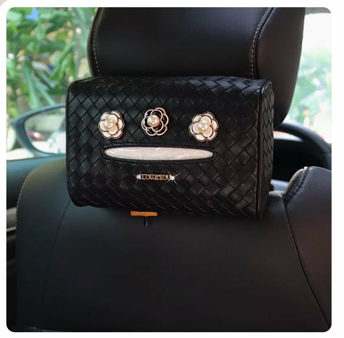 Hot push car hanging paper box (black woven bag, camellia)