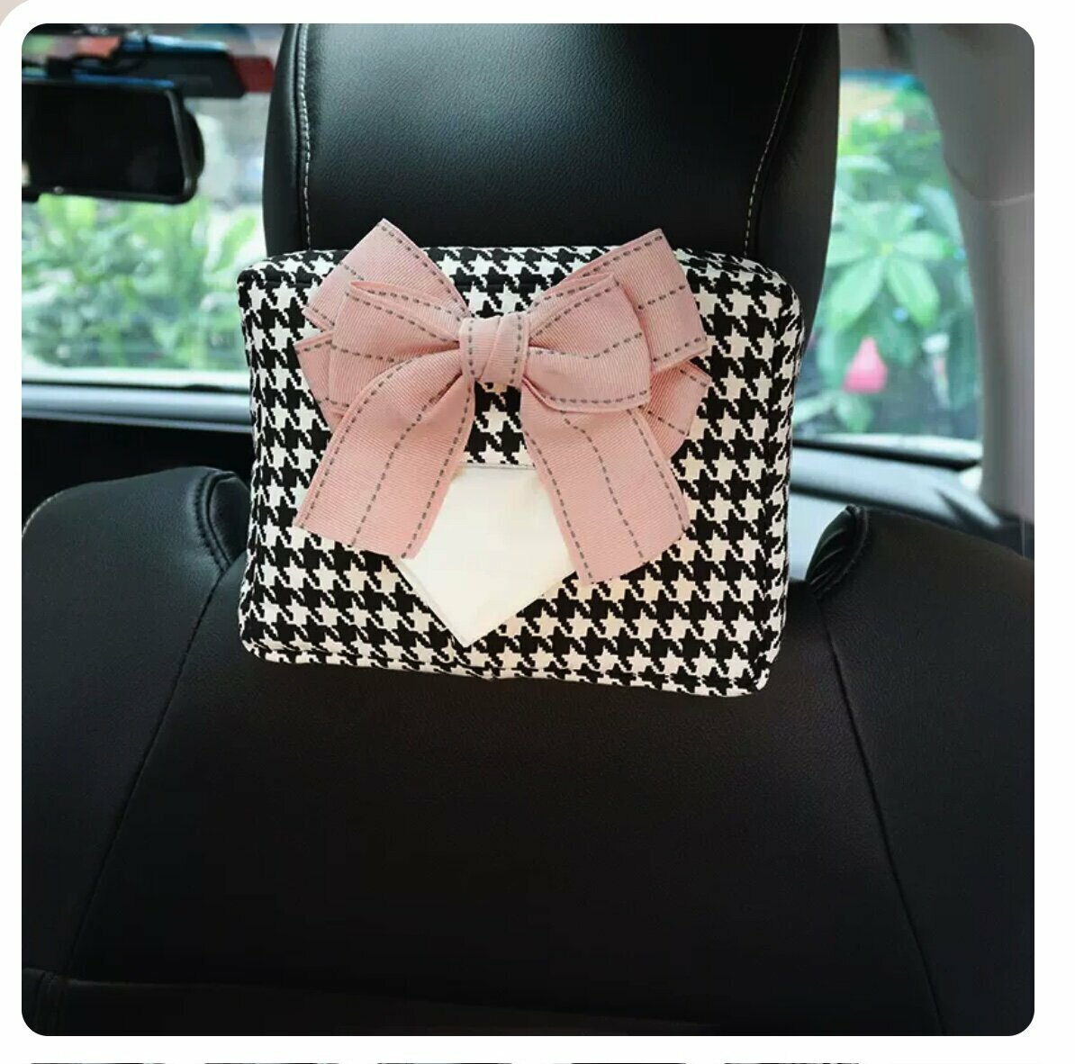 Hot trolley houndstooth tissue box (edge ​​pink bow, 14.5*21.5*4.5cm)