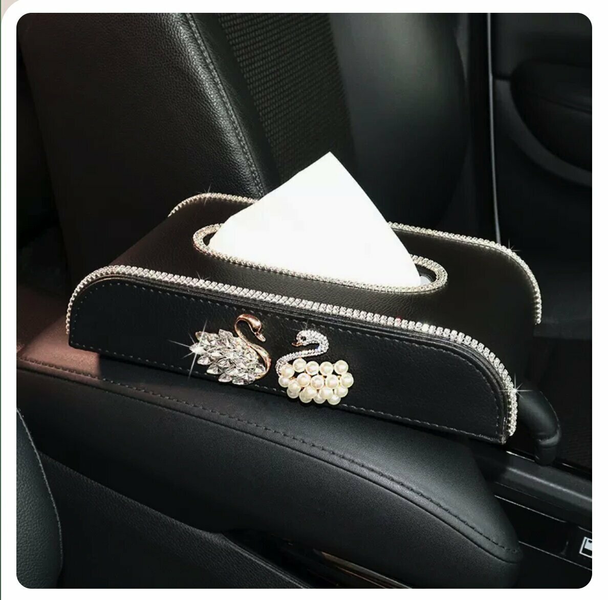 Hot trolley diamond-encrusted tissue box (transparent swan + pearl swan)