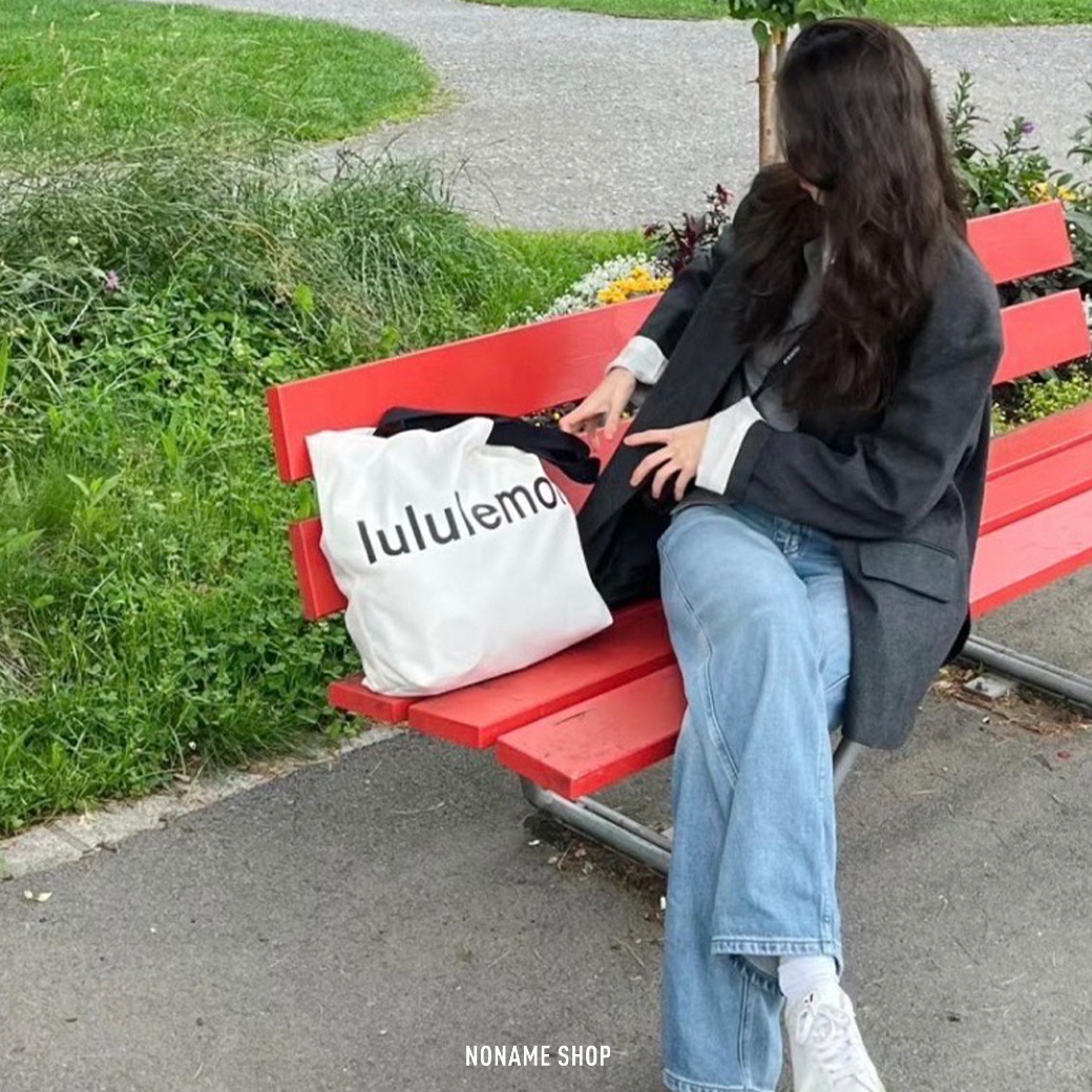 LULULEMON 經典 字母 LOGO 印花 大容量 肩背包 手提袋 托特包 米白