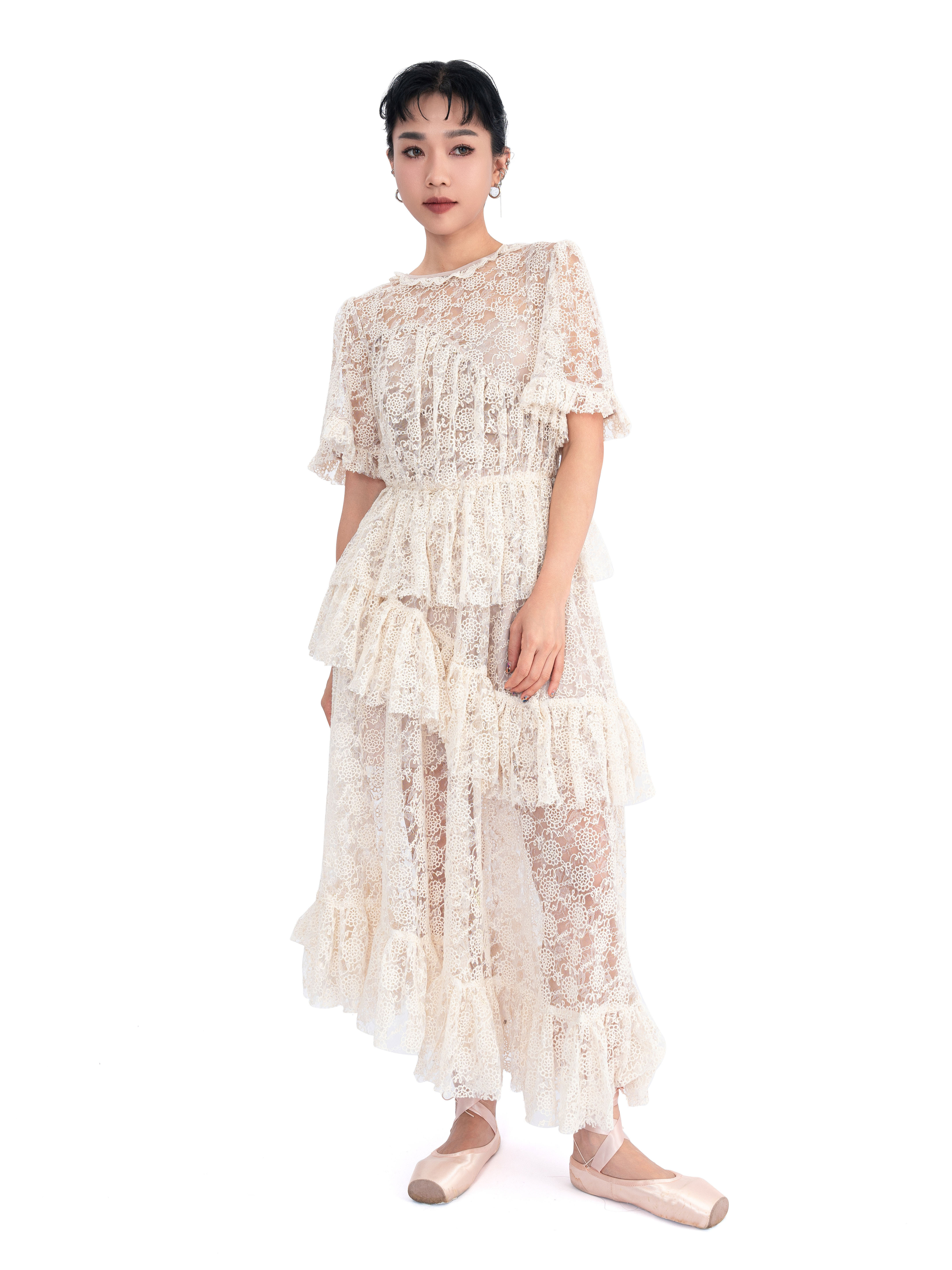 HERMANA繡花蕾絲蛋糕連身裙 (現貨款式）