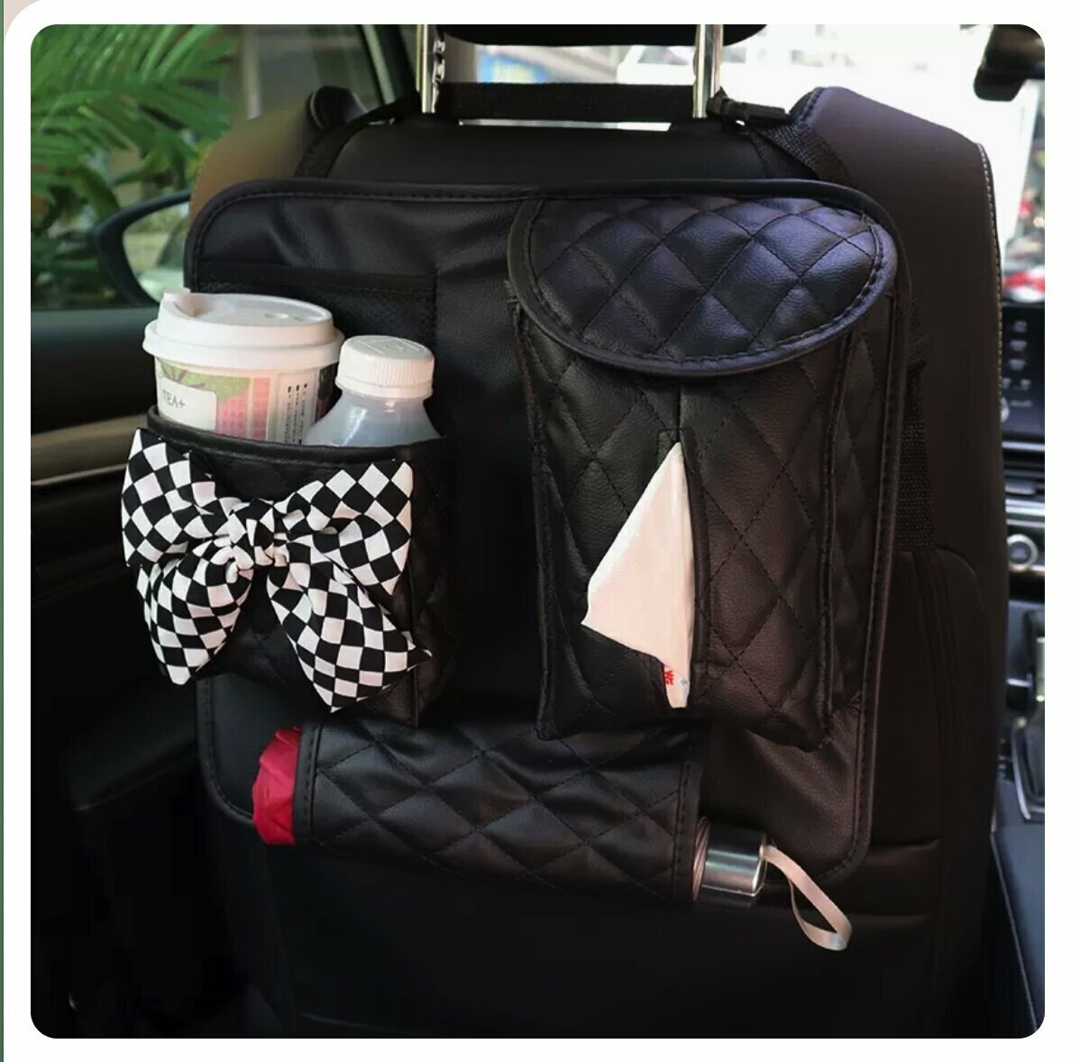 Hot push car seat back storage bag (checkerboard bow)
