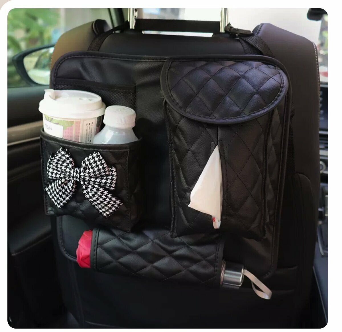 Hot push car seat back storage bag (houndstooth bow)