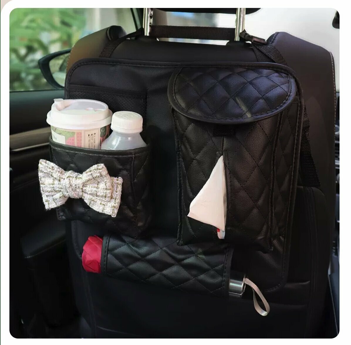 Hot push car seat back storage bag (white silk bow)