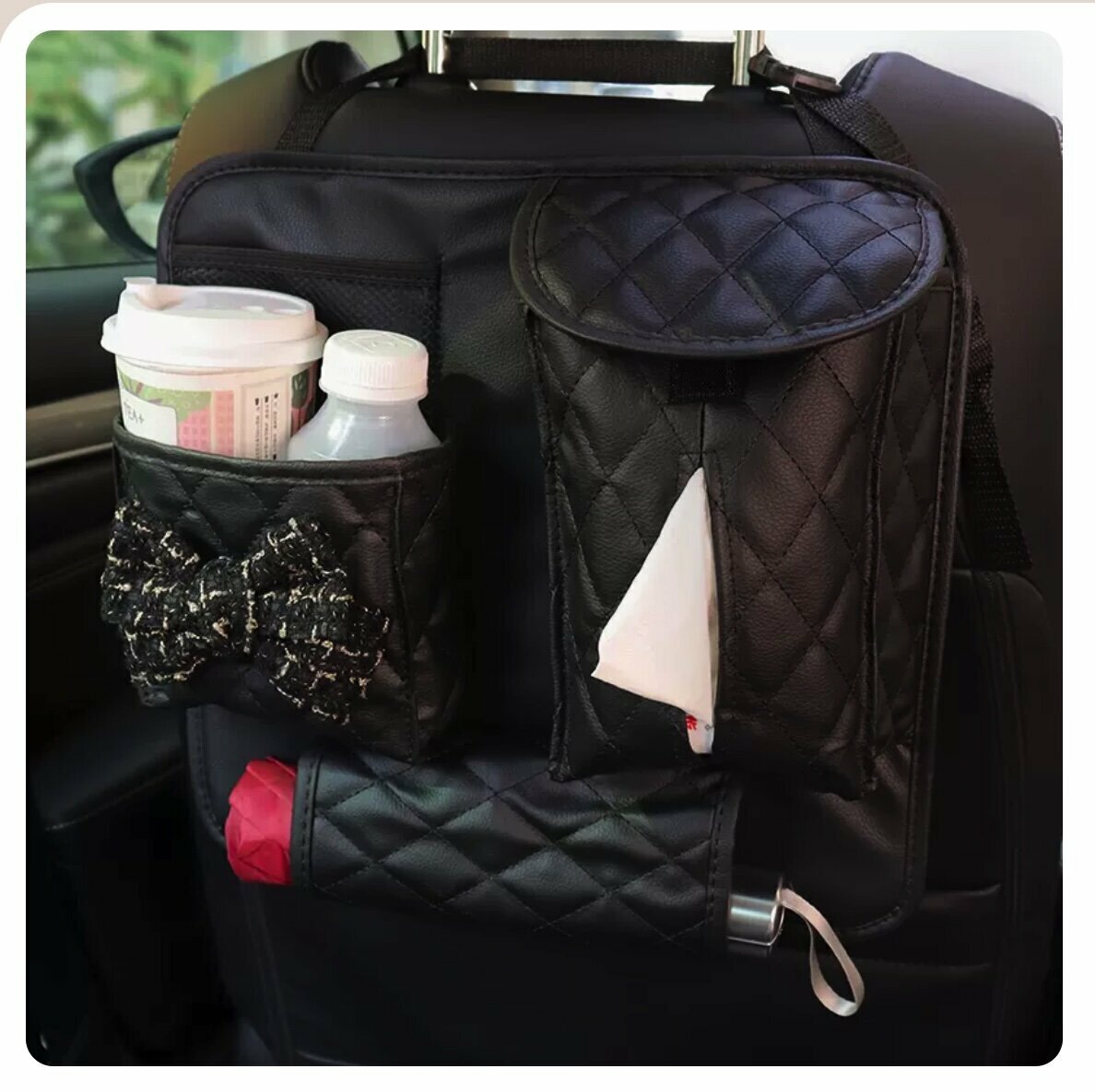 Hot push car seat back storage bag (black silk bow)