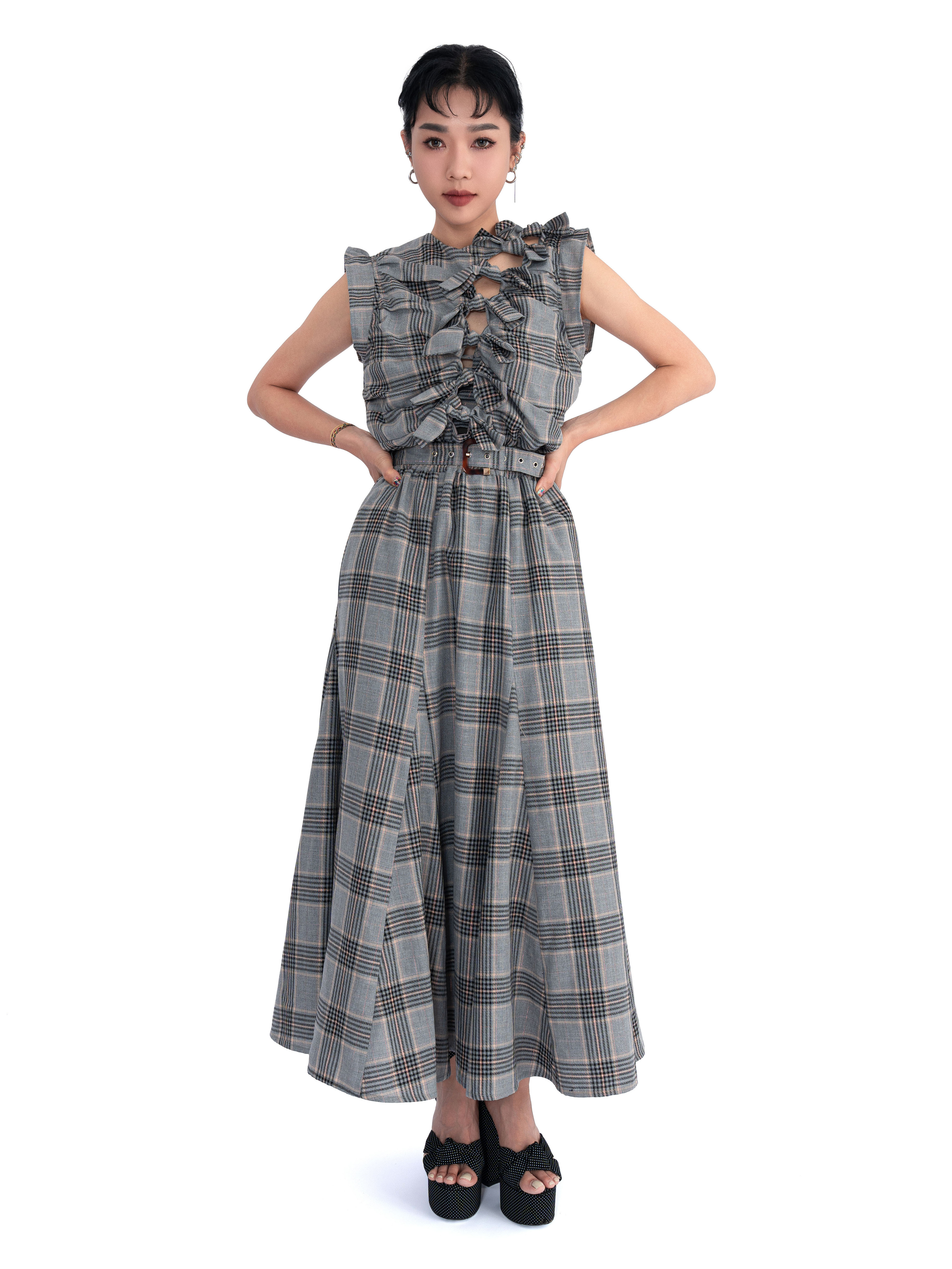 格仔蝴蝶結連身裙 (現貨款式）