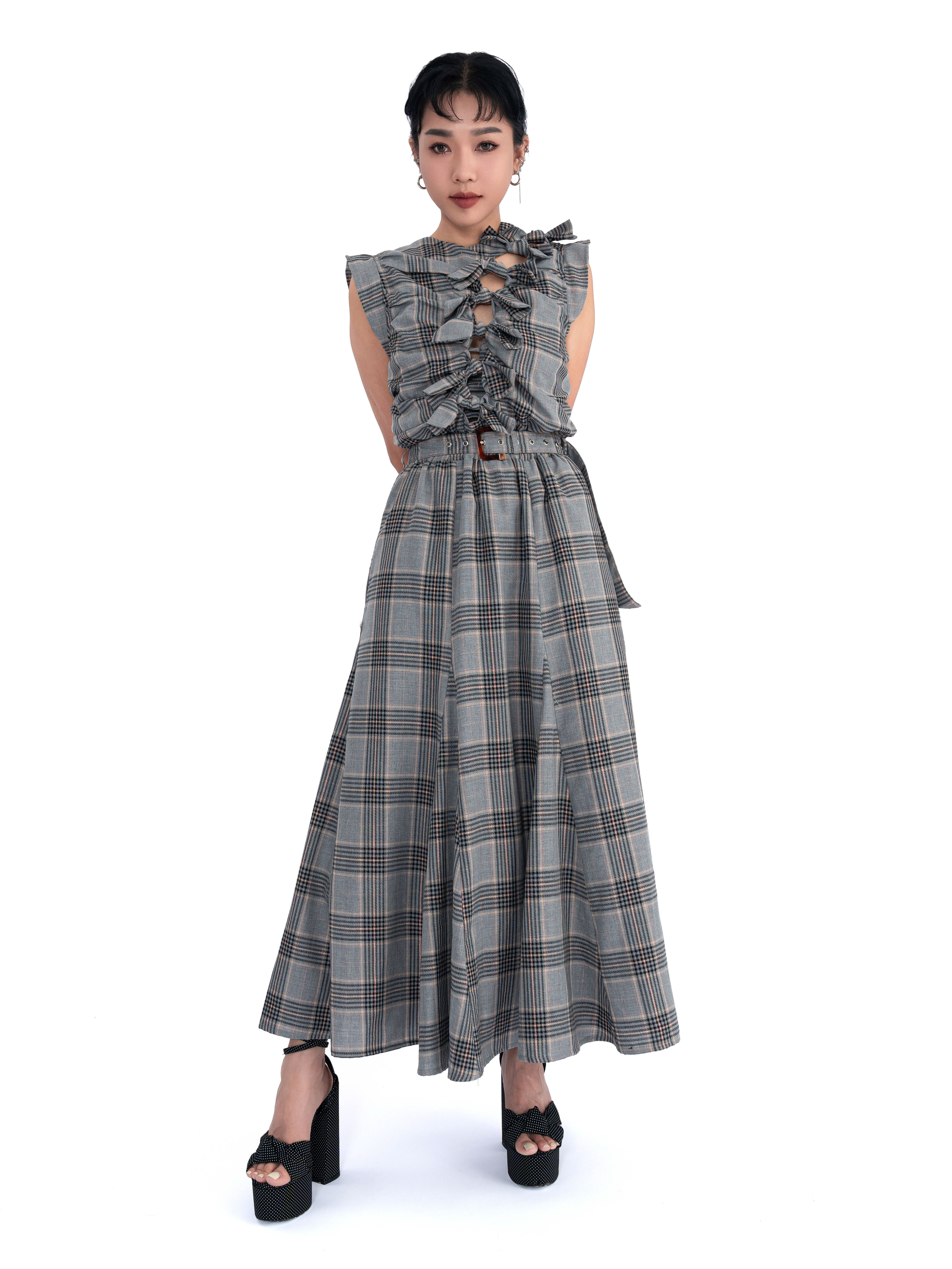 格仔蝴蝶結連身裙 (現貨款式）