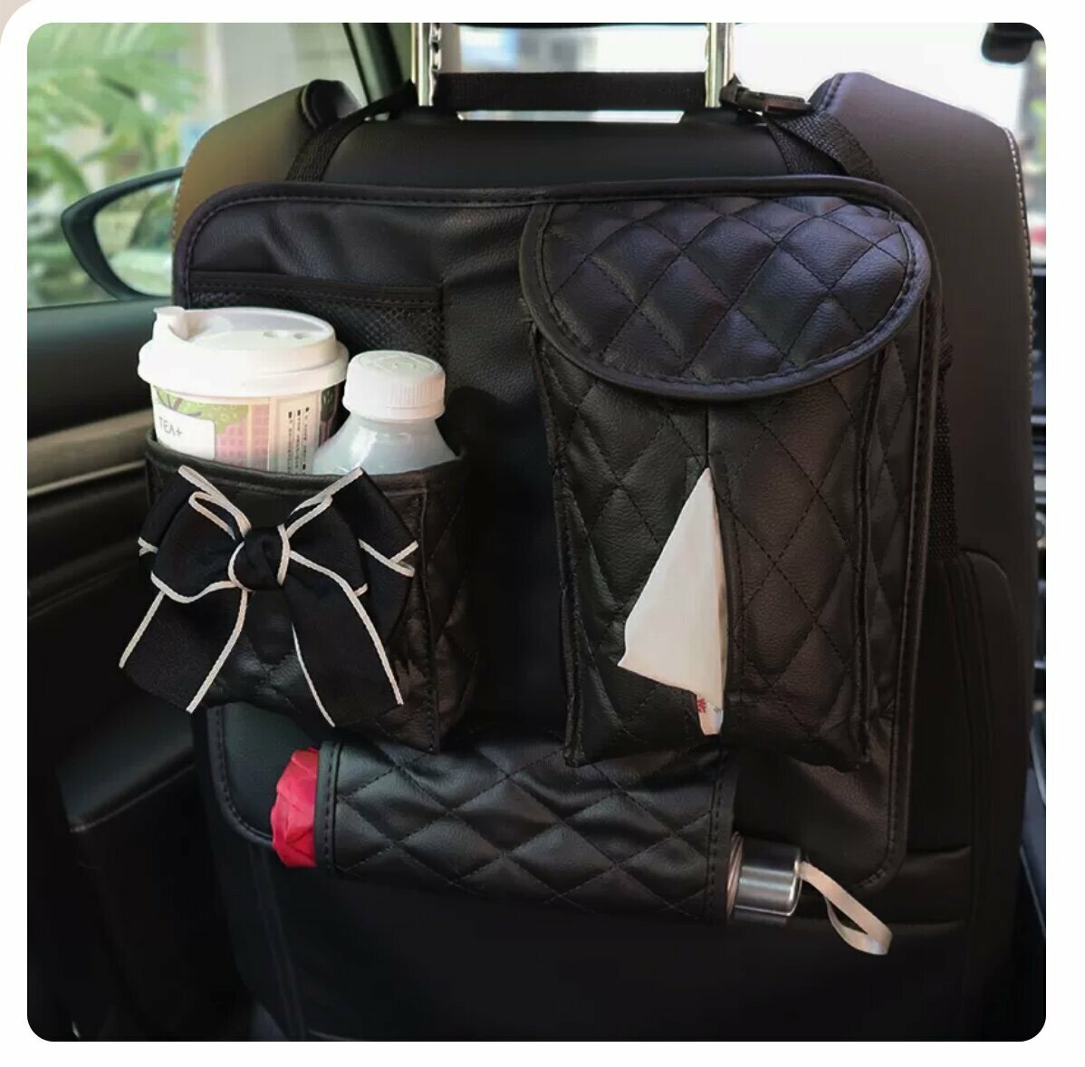 Hot push car seat back storage bag (black bow)