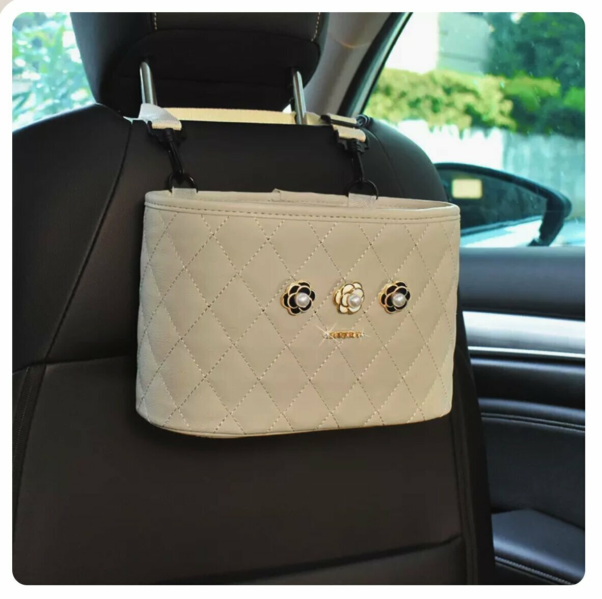 Hot trolley seat back multifunctional storage bag (white pearl camellia)