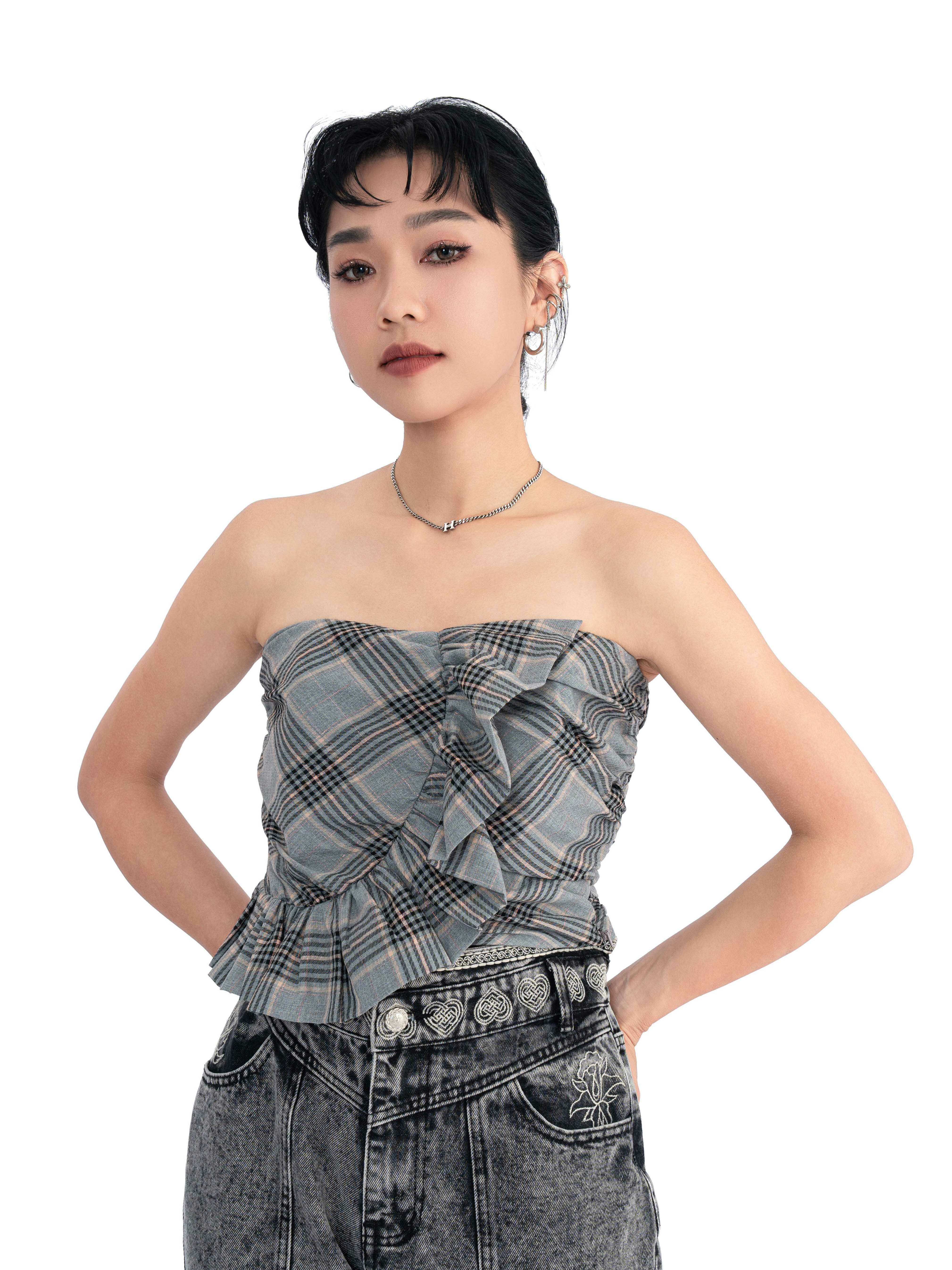 格仔粗荷葉邊背心 (預購產品）