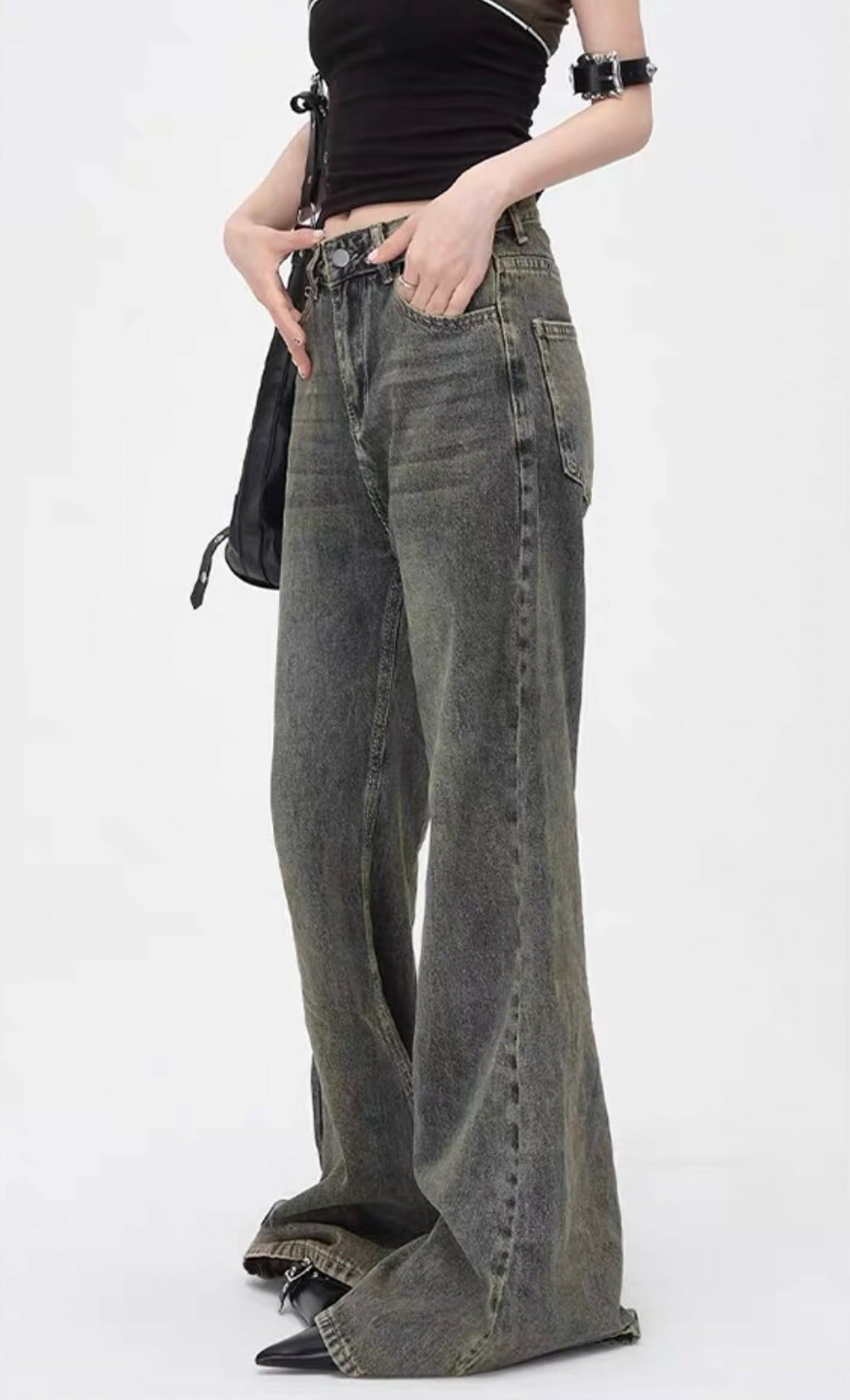 復古黃美式素面牛仔寬褲 30351