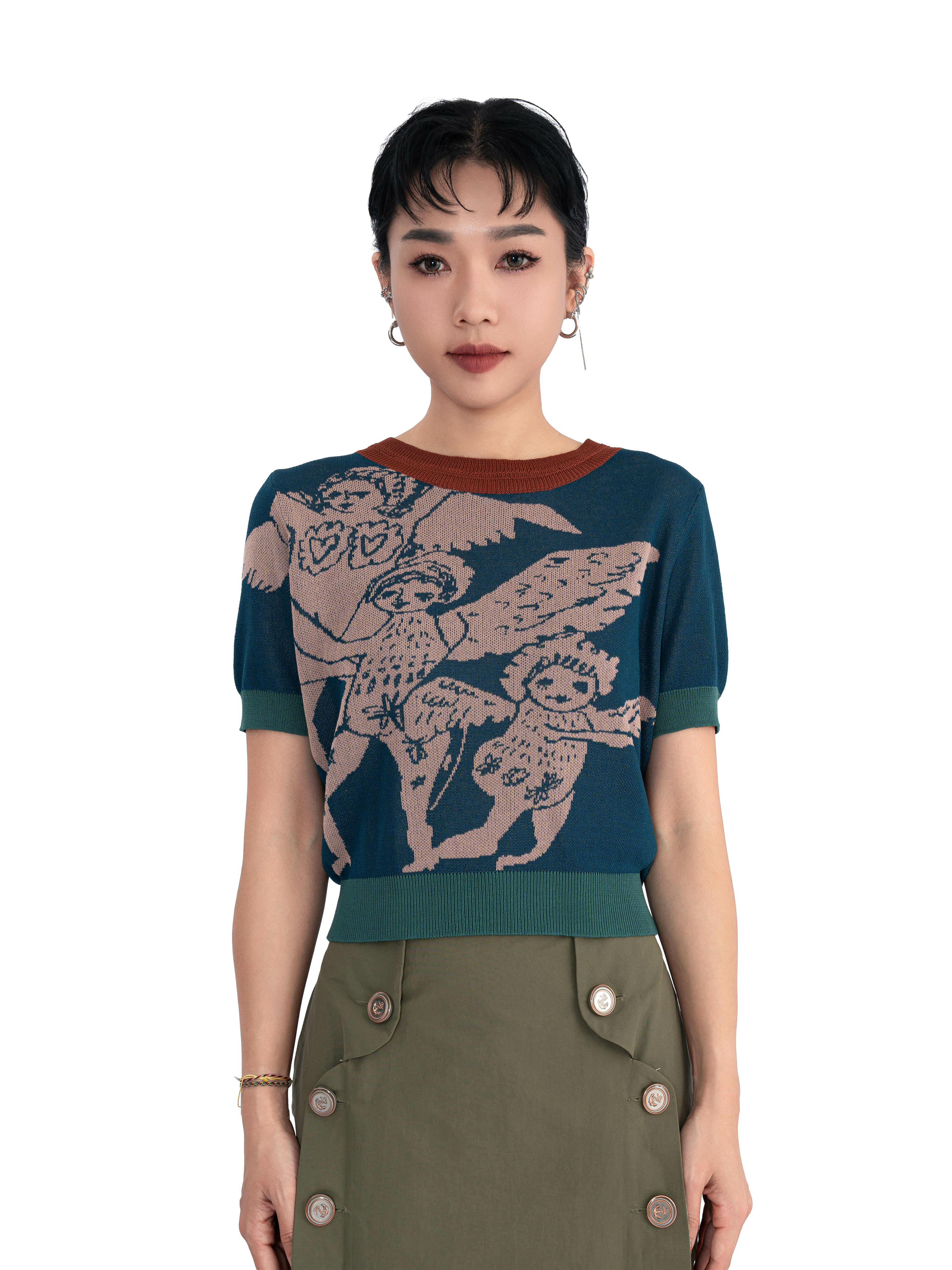 HERMANA天使圖案拼色針織上衣 (預購產品）