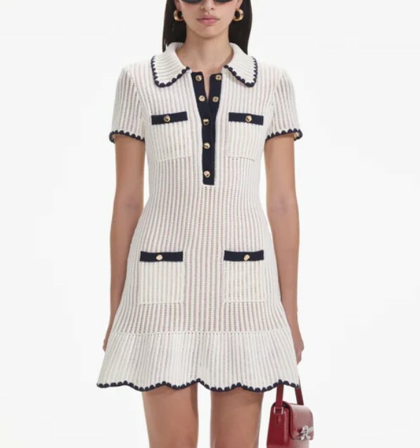 CSP07964 SELF PORTRAIT Crochet Collared Mini Dress Cream #PF24136SC (E)