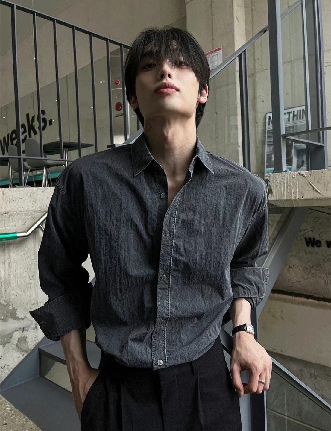 【HERETICS STUDIO 】韓國 고품질 素面 皺摺 牛仔 水洗 寬鬆 長袖 襯衫