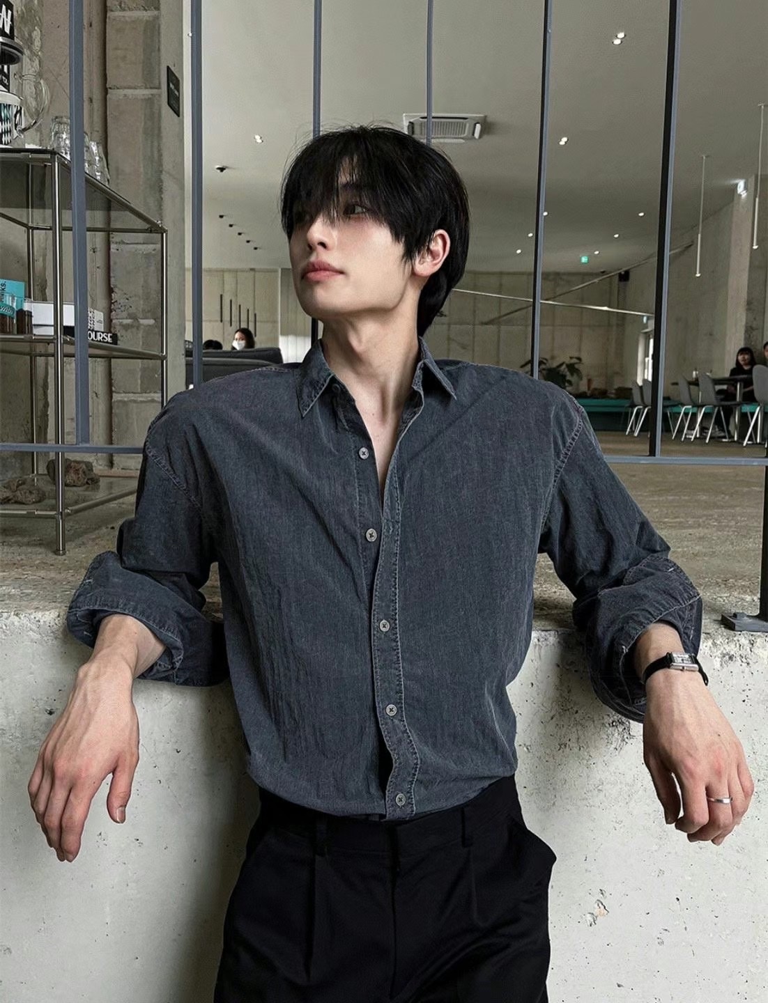 【HERETICS STUDIO 】韓國 고품질 素面 皺摺 牛仔 水洗 寬鬆 長袖 襯衫