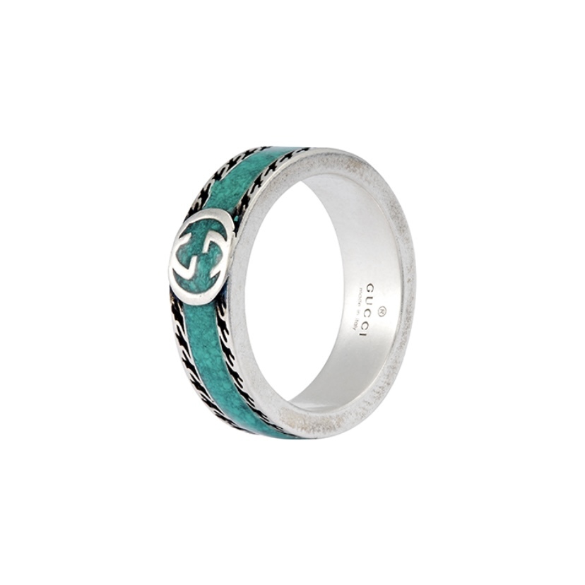 GUCCI Interlocking G S925 鈍銀 湖水綠色 琺瑯及紋銀 戒指