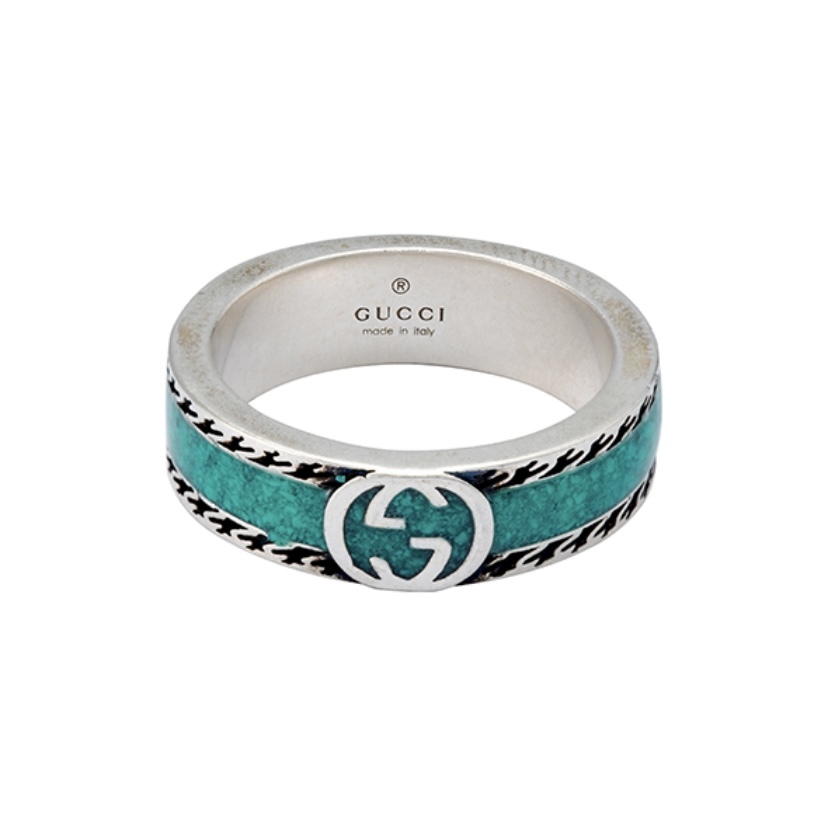 GUCCI Interlocking G S925 鈍銀 湖水綠色 琺瑯及紋銀 戒指