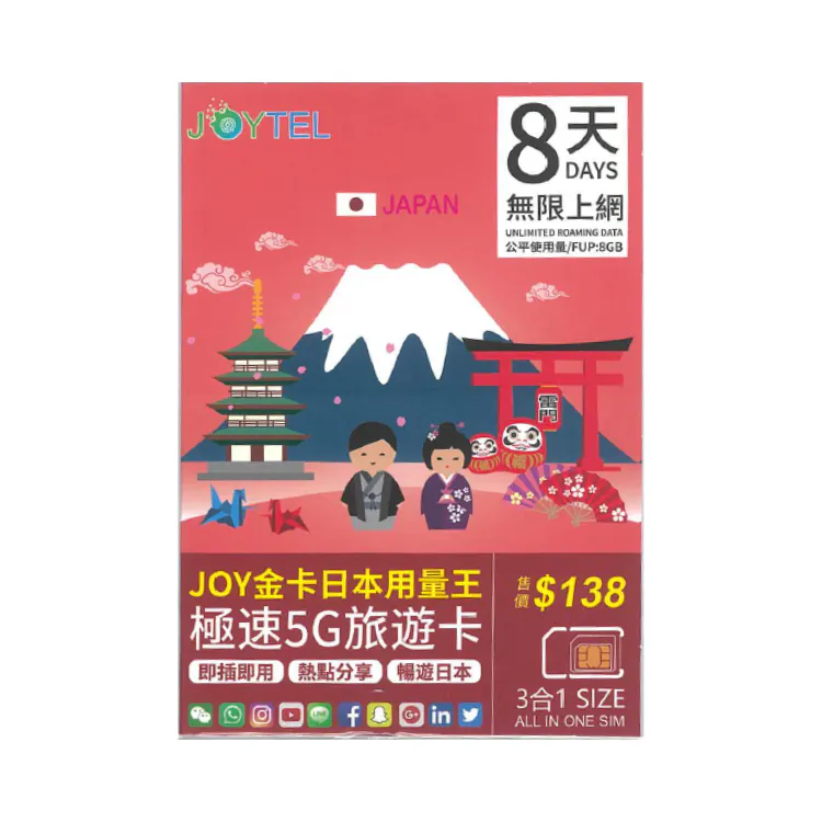 JOYTEL【日本】8 天 5G 無限上網卡｜首 8GB 高速