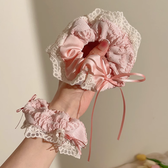 [3 FOR RM10] Korean-style Pink Ribbon with Lace Scrunchie