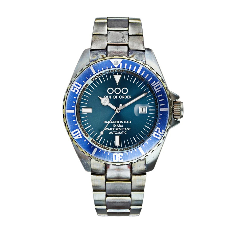 (預購)【Out of Order】OOO.001-3.BL 復古 仿舊 自動上鍊 帶日期 夜光 旋入式錶冠 銀藍 不鏽鋼 機械 手錶