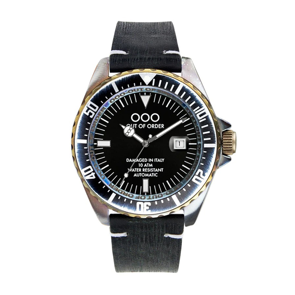 (預購)【Out of Order】OOO.001-3.NE 復古 仿舊 自動上鍊 帶日期 夜光 旋入式錶冠 全黑 皮革 機械 手錶