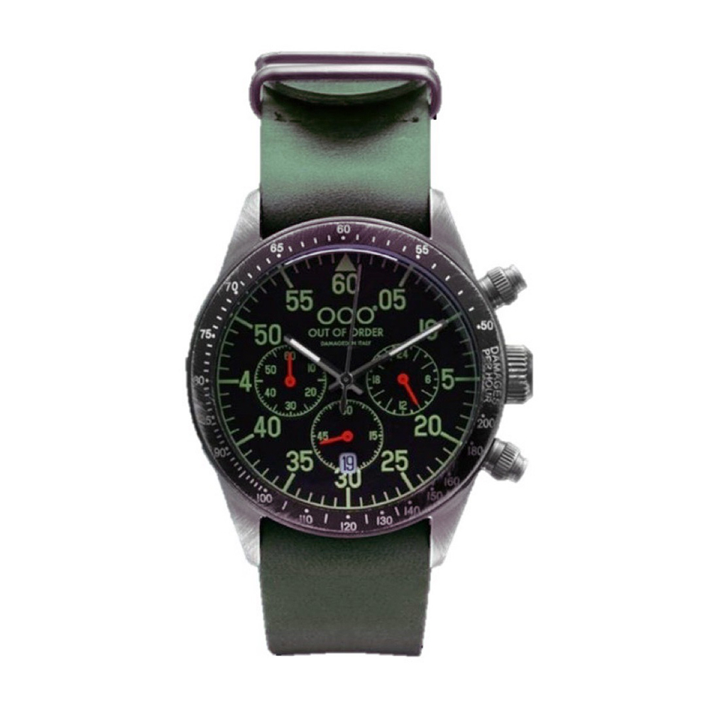 (預購)【Out of Order】OOO.001-4 復古 仿舊 日本機芯 帶日期 夜光 真三眼 黑綠 皮革 男士 手錶