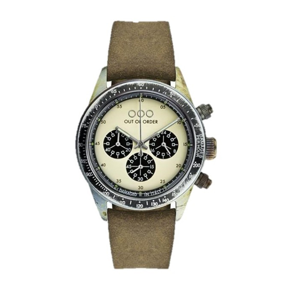 (預購)【Out of Order】OOO.001-4.MS.CR 復古 仿舊 日本機芯 夜光 真三眼 白咖 皮革 男士 手錶