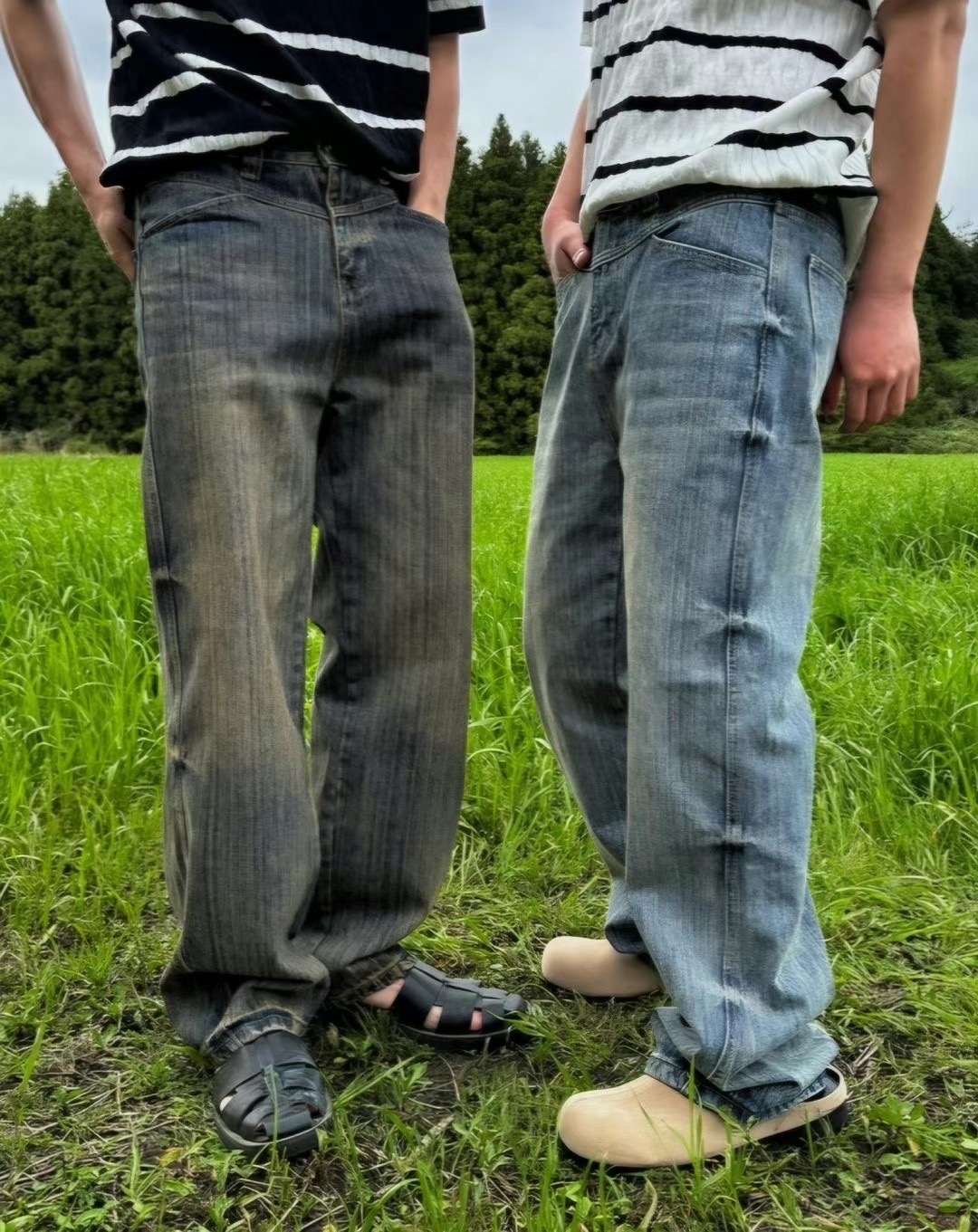 【HERETICS STUDIO 】韓國 고품질 褲條皺摺 刷色 牛仔 闊腿 寬鬆 牛仔褲 長褲