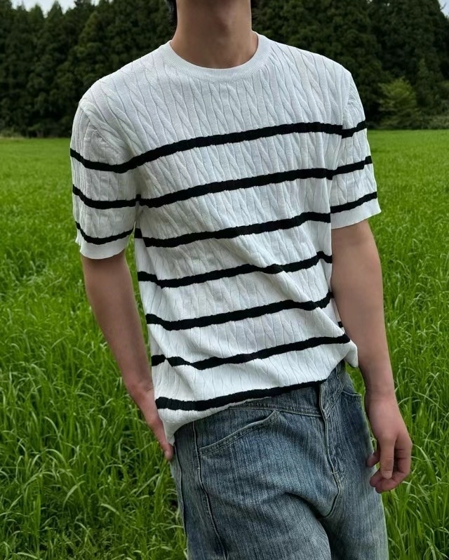 【HERETICS STUDIO 】韓國 고품질 條紋 針織 撞色 寬鬆 上身 短袖