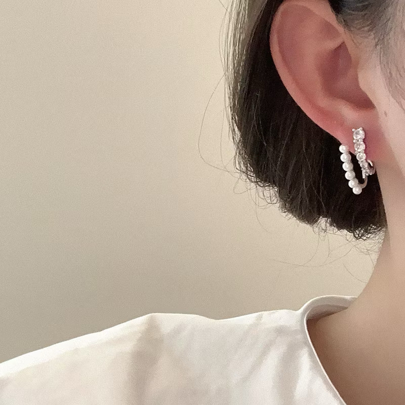 高級銀公主珍珠鑽 假兩圈耳釘