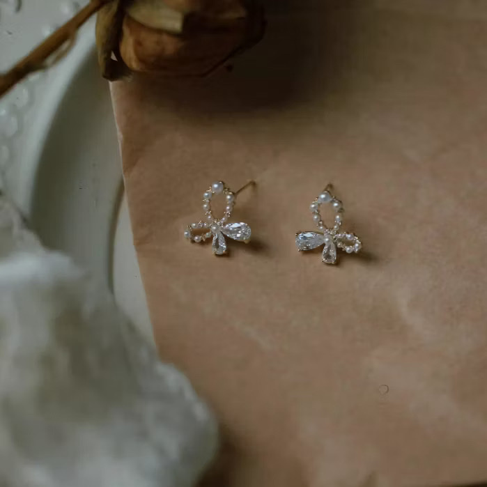 14k唯美輕奢珍珠鑽 鏤空蝴蝶結耳釘