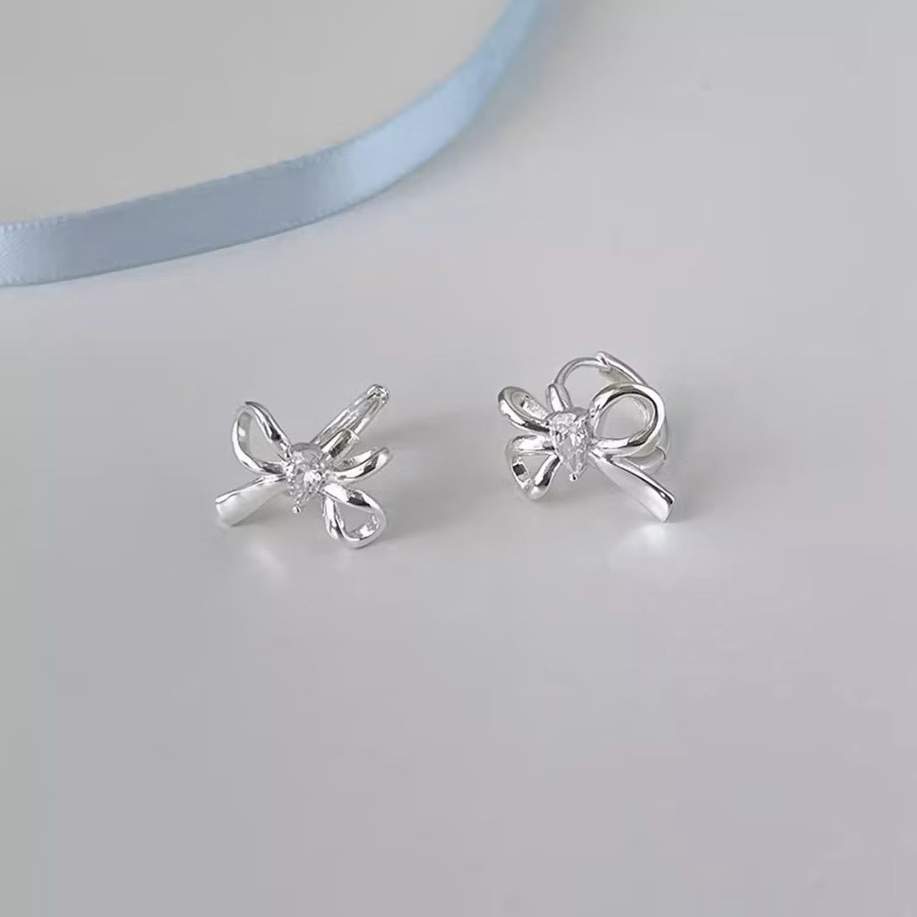 高級白銀鑽緞帶蝴蝶結 立體耳釦釘