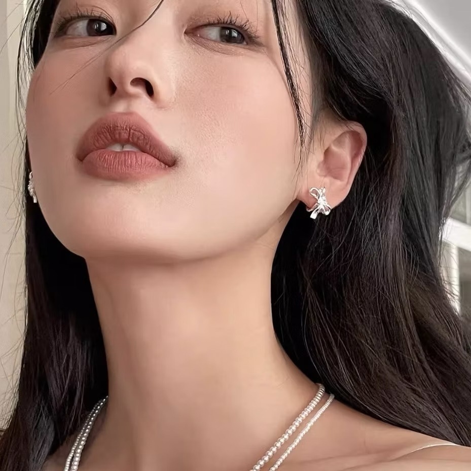 高級白銀鑽緞帶蝴蝶結 立體耳釦釘