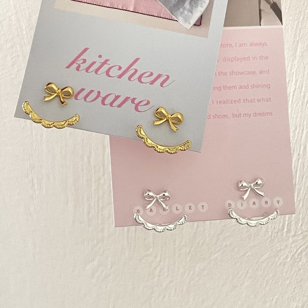 14k小蝴蝶結蕾絲裙 一款兩戴後扣耳釘