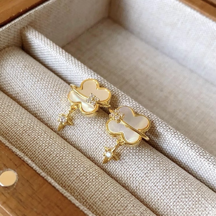 gold白貝四葉草芒星小墜釘