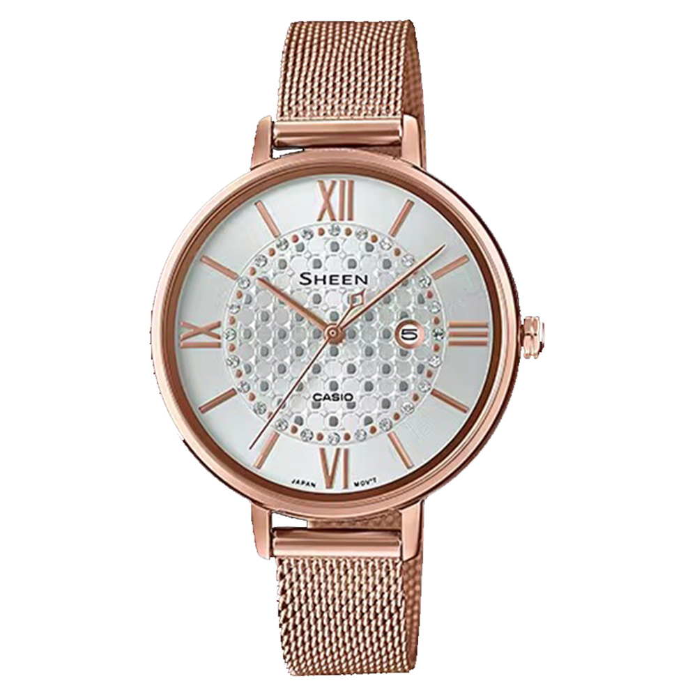 【CASIO SHEEN】SHE-4059PGM 施華洛世奇水鑽錶盤 帶日期 3年電池 米蘭不鏽鋼腕錶-