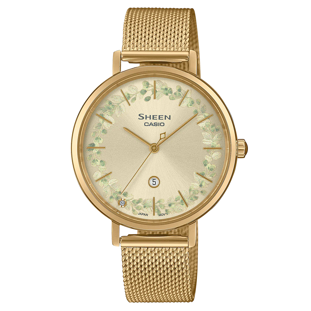 【CASIO SHEEN】SHE-4539FGM 花圈 施華洛世奇水鑽時標 帶日期 2年電池 米蘭不鏽鋼腕錶-