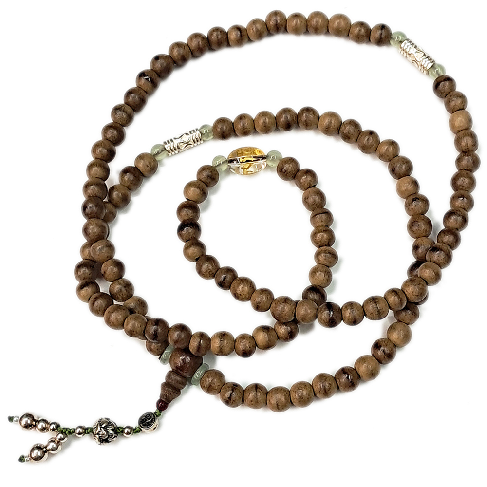 無限銀管{純銀}&蓮花銀珠&橄欖石&六字真言{琉璃}&沉香木108念珠6mm【十方】152922