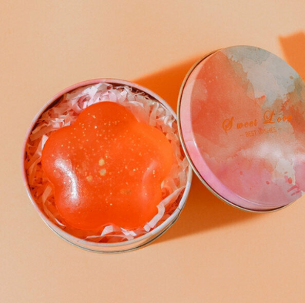 Popular small flower handmade essential oil soap (packed in colorful iron box) [Crystal Orange/Sweet Orange Fragrance]