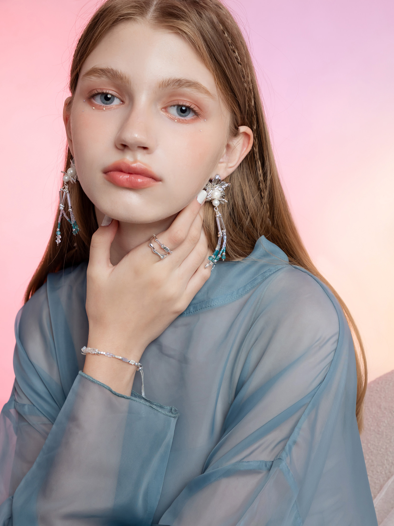 天空之鏡。MUCHAT手作花朵水晶流蘇純銀針耳環