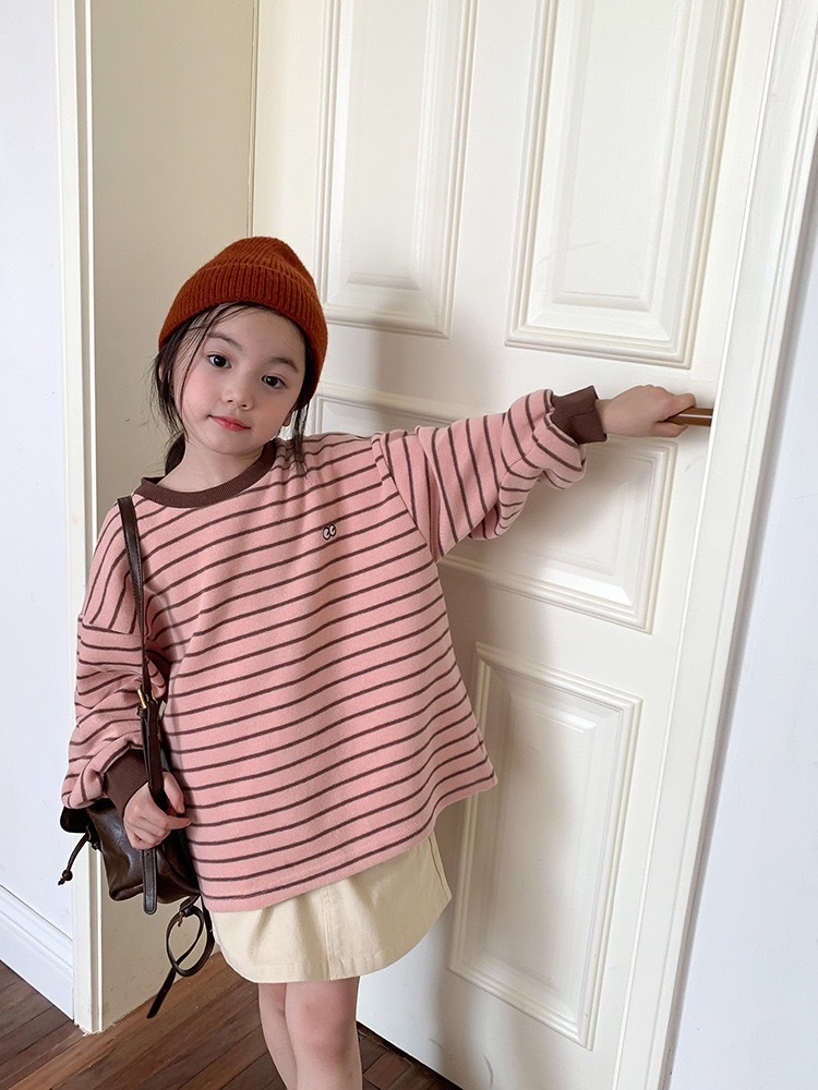 粉色條文撞色上衣/米色工裝裙