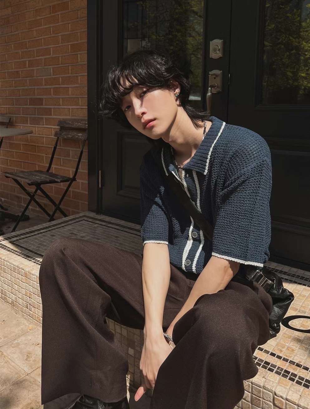 【HERETICS STUDIO 】韓國 고품질 針織 撞色 立領 排扣 外搭 寬鬆 短袖 襯衫