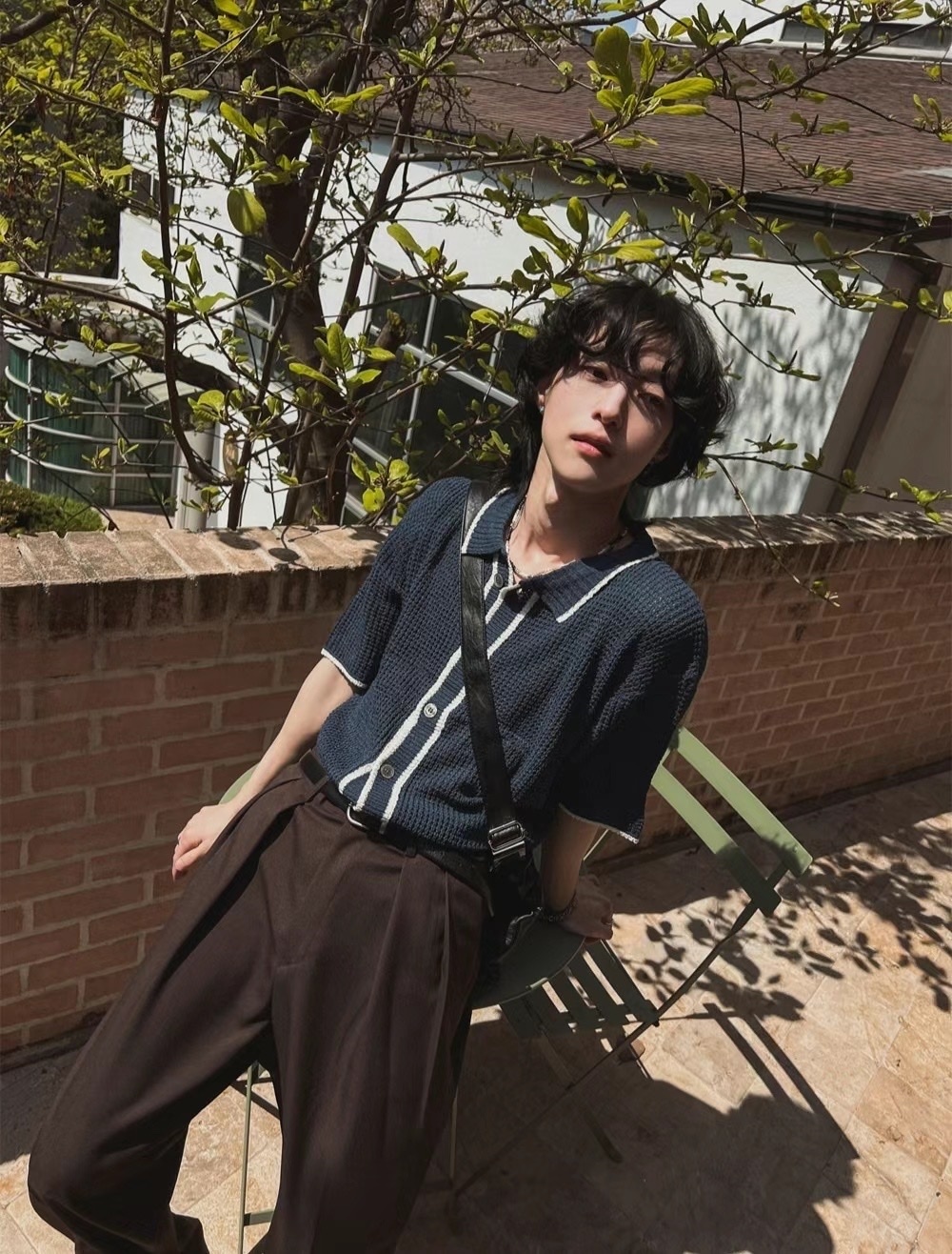 【HERETICS STUDIO 】韓國 고품질 針織 撞色 立領 排扣 外搭 寬鬆 短袖 襯衫