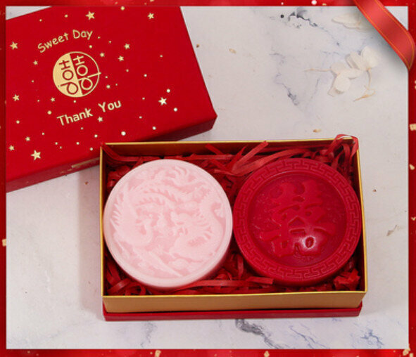 熱推2塊裝結婚伴手禮精油皂（禮盒裝）【粉龍鳳+紅大雙喜】