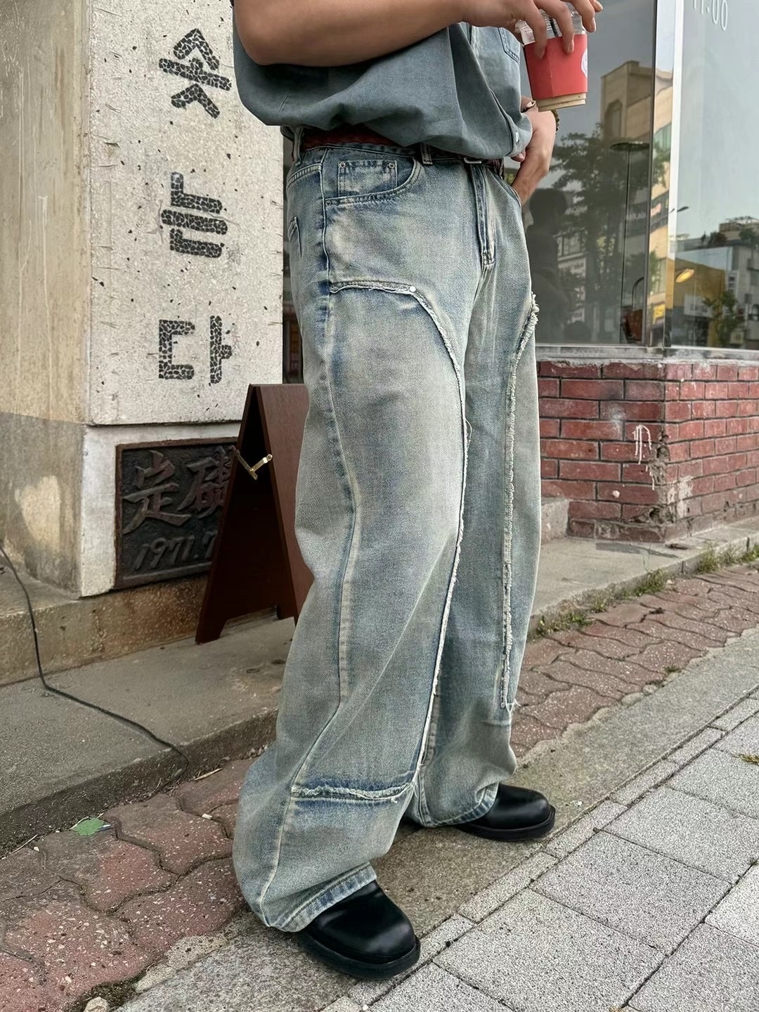 【HERETICS STUDIO 】韓國 고품질 環繞 毛邊 刷色 牛仔 闊腿 寬鬆 牛仔褲 長褲
